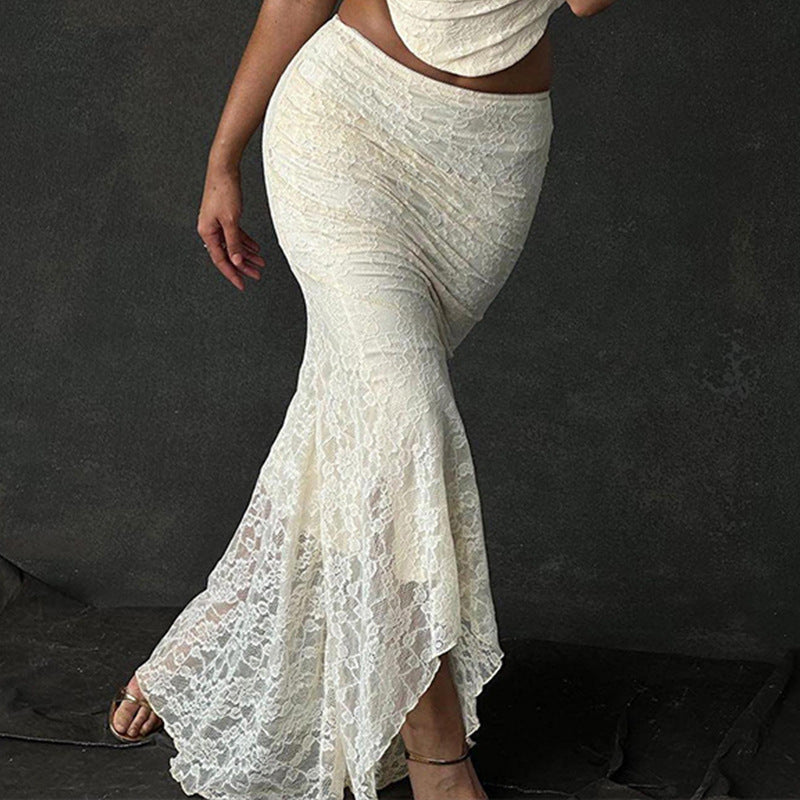Women Clothing Autumn Sexy Pleated Strap Top French Lace Skirt Set Bella Mia