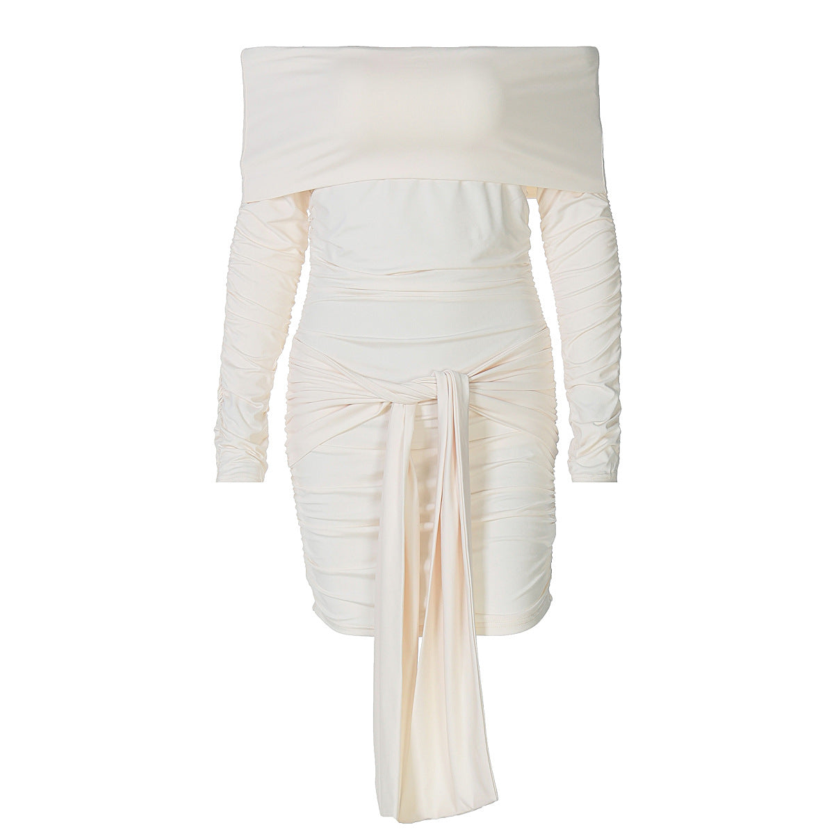 Word Collar Cold Shoulder Sleeveless Short Winter Women Clothing Solid Color Tied Sexy Slim Fit Dress Bella Mia