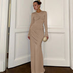 Western Women Clothing Autumn Winter Fashionable Elegant Slim Pleated round Neck Long Sleeved Dress Women Bella Mia