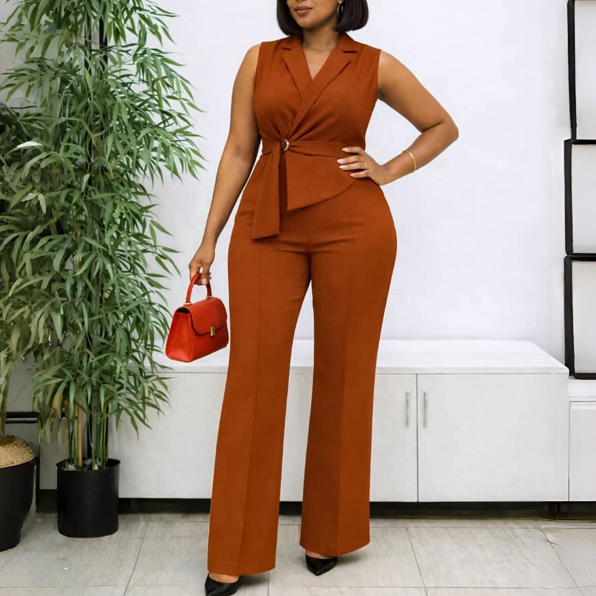 Summer Solid Color Sleeveless Collar Lace up Wide Leg Pants Jumpsuit Bella Mia