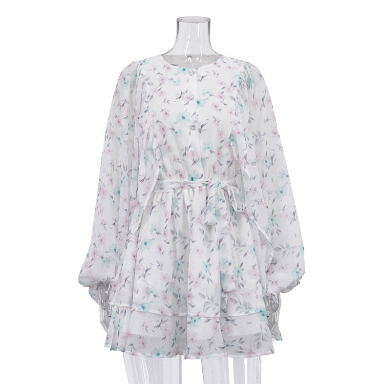 Dress Women Summer Round Neck Puff Sleeve Single Breasted Lace up A line Dress Floral Dress