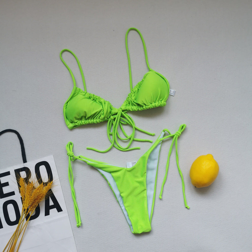 Sling Bandage Swimsuit Women Pleated Push up Drawstring Sexy Solid Color Bikini Swimsuit Bella Mia