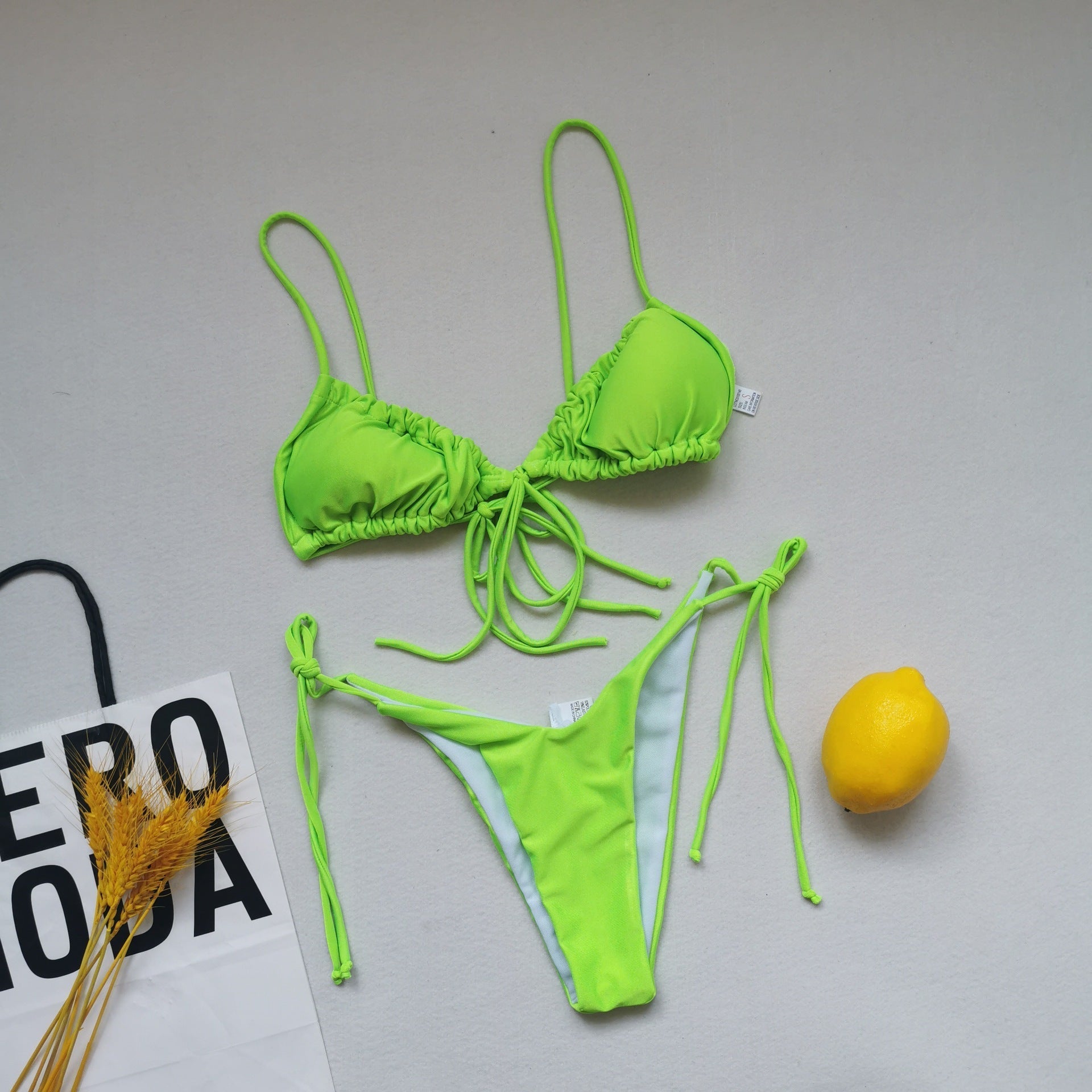 Sling Bandage Swimsuit Women Pleated Push up Drawstring Sexy Solid Color Bikini Swimsuit Bella Mia