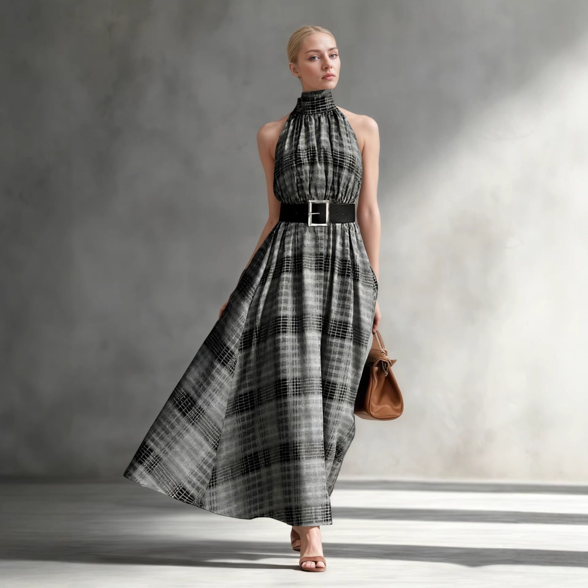 Halter Sleeveless Plaid High Waist Lace up Waist Draping Effect Large Hem A line Dress French Dress Bella Mia