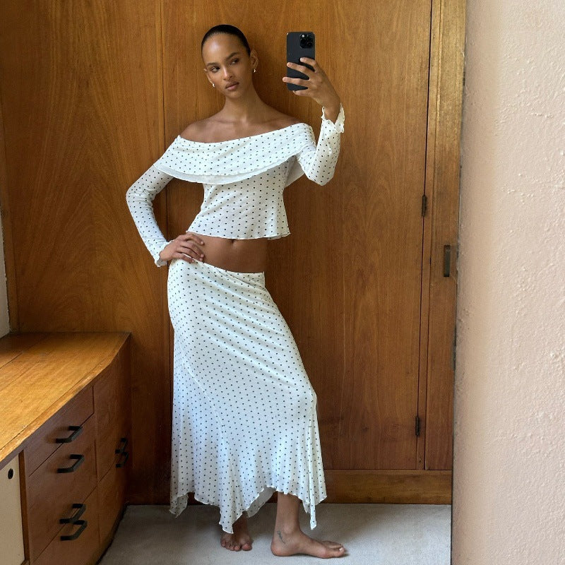 Women Clothing Fall Sexy off Shoulder Knitted Long Sleeved Top Low Waist Graceful Beach Skirt Two Piece Sets Bella Mia