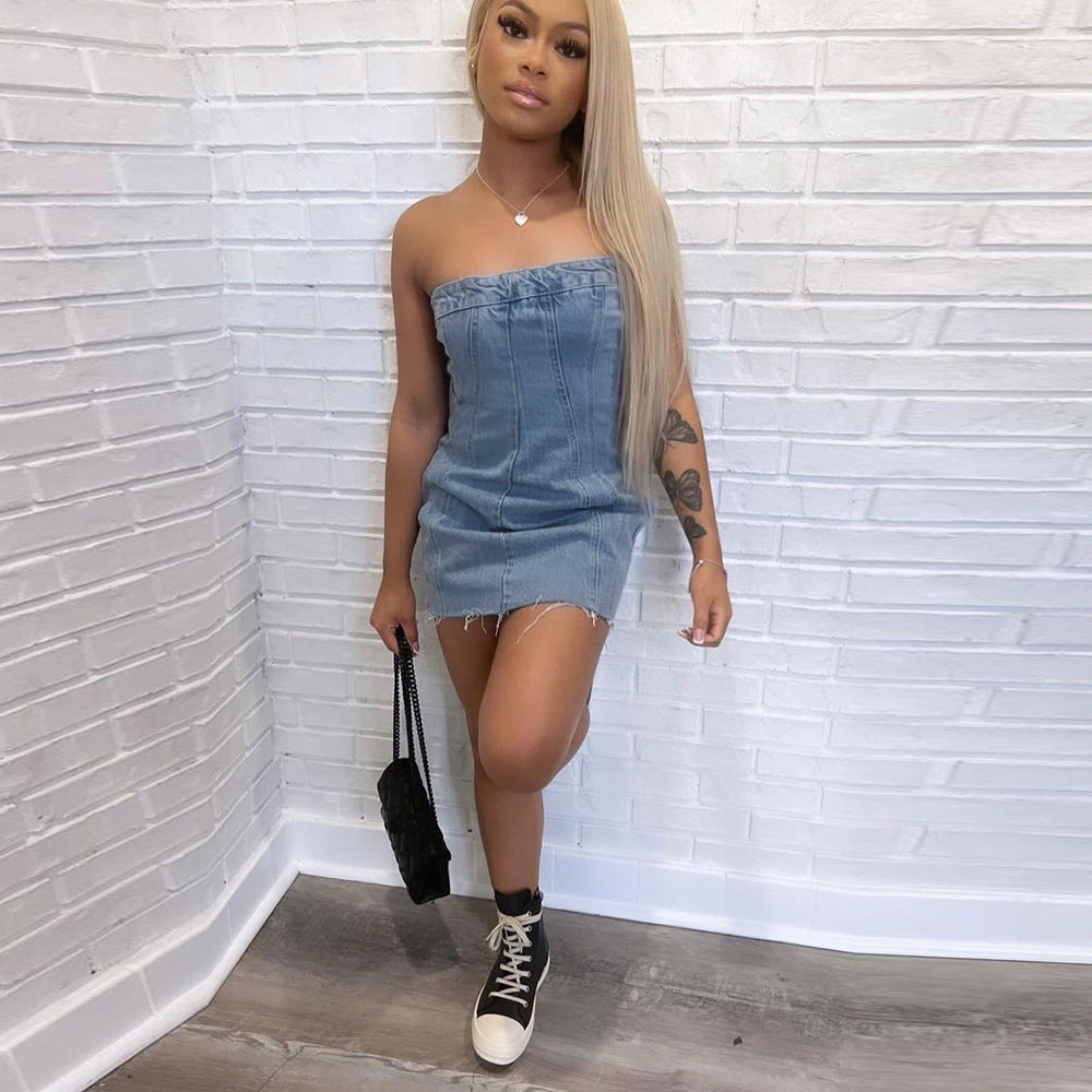 Denim Spring Summer Sexy Backless Wash Chest Wrapped Dress Women Bella Mia