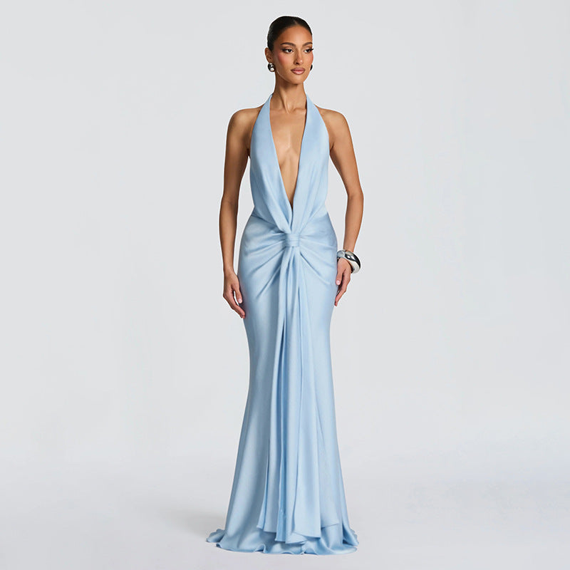 Autumn Winter Women Solid Color Deep V Plunge neck Halter Ribbon Pleated Sexy Backless Elegant Dress for Women Bella Mia