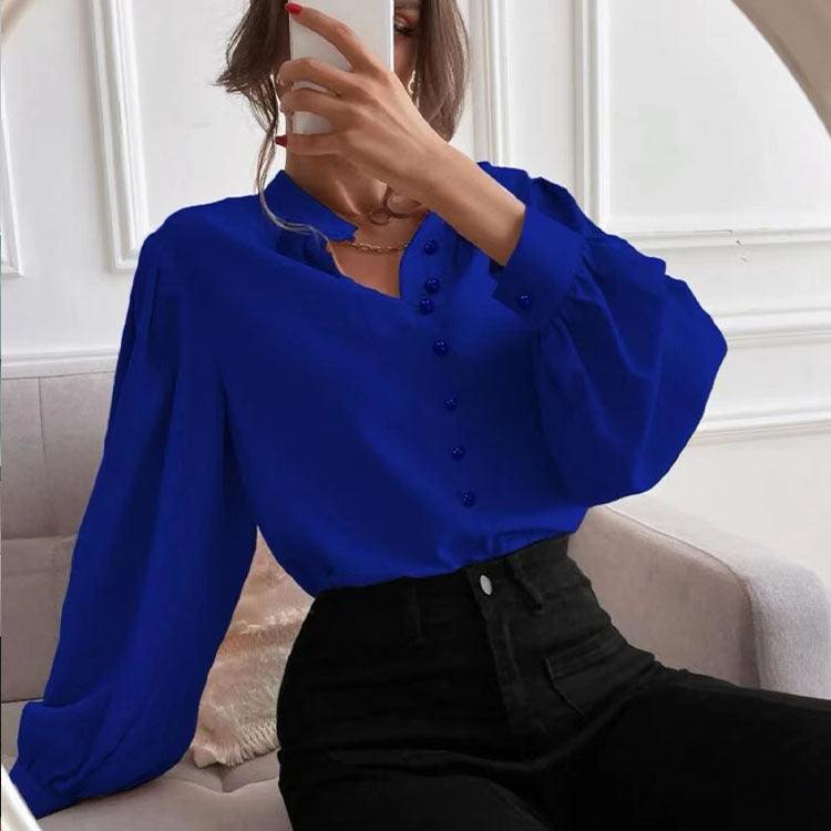 Women Shirt Autumn Elegant Solid Color Collared Long Sleeve Single Row Button Loose Women Top Bella Mia