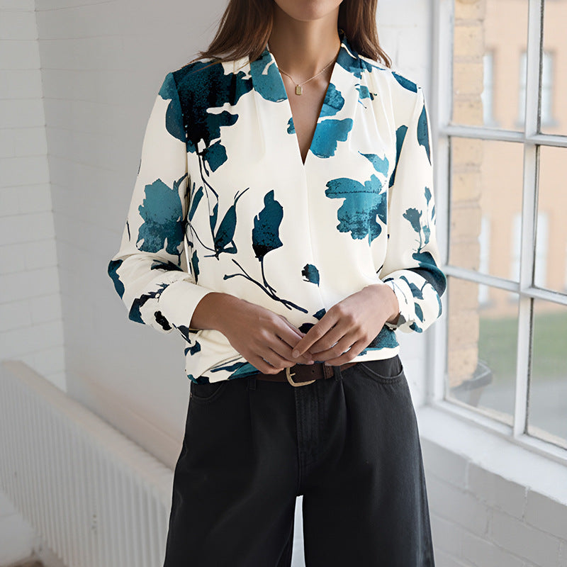 Spring Autumn Casual Artistic Shirt Long Sleeve Ink Floral Printed Shirt Bella Mia