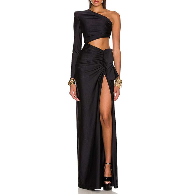 Sexy Socialite Gathering Dress Shoulder Collar Single Side Sleeve Side Leakage Waist Design Maxi Dress Bella Mia