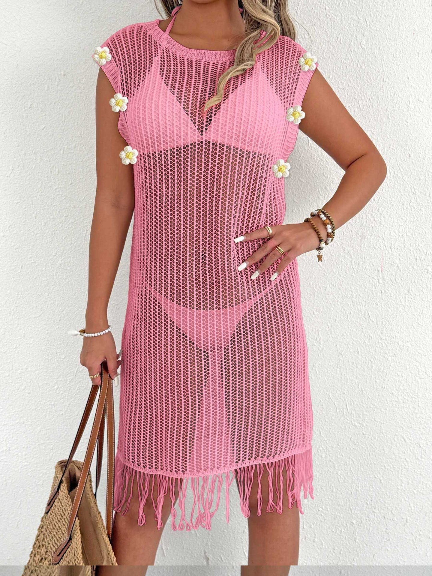 Beach Dress Vacation Beach Cover Up Women Clothing Sexy Cutout See through Tassel Stitching Dress Bella Mia