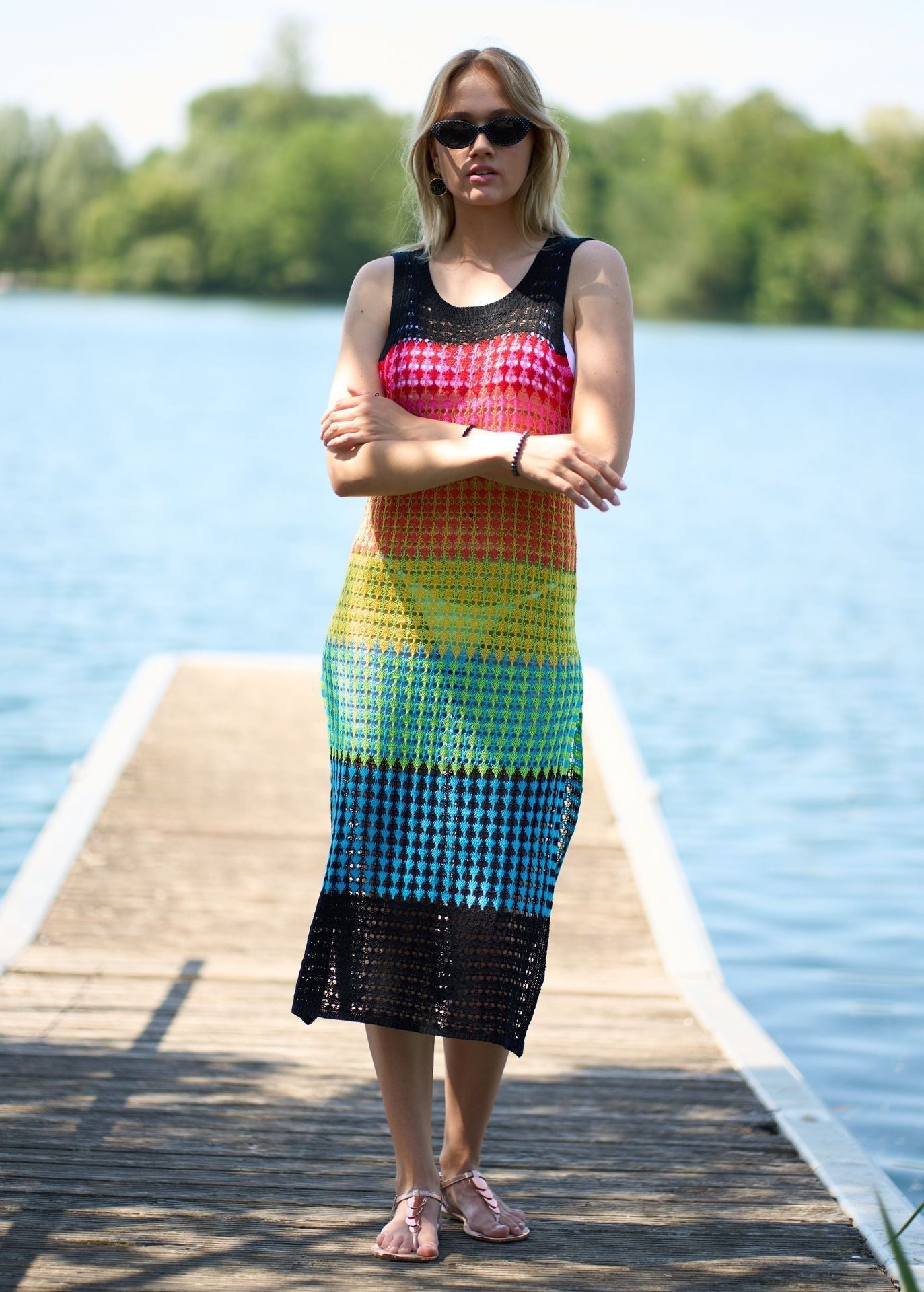 Knitted Wide Horizontal Color Pattern Vest Dress Holiday Casual Beach Bikini Cover Bella Mia
