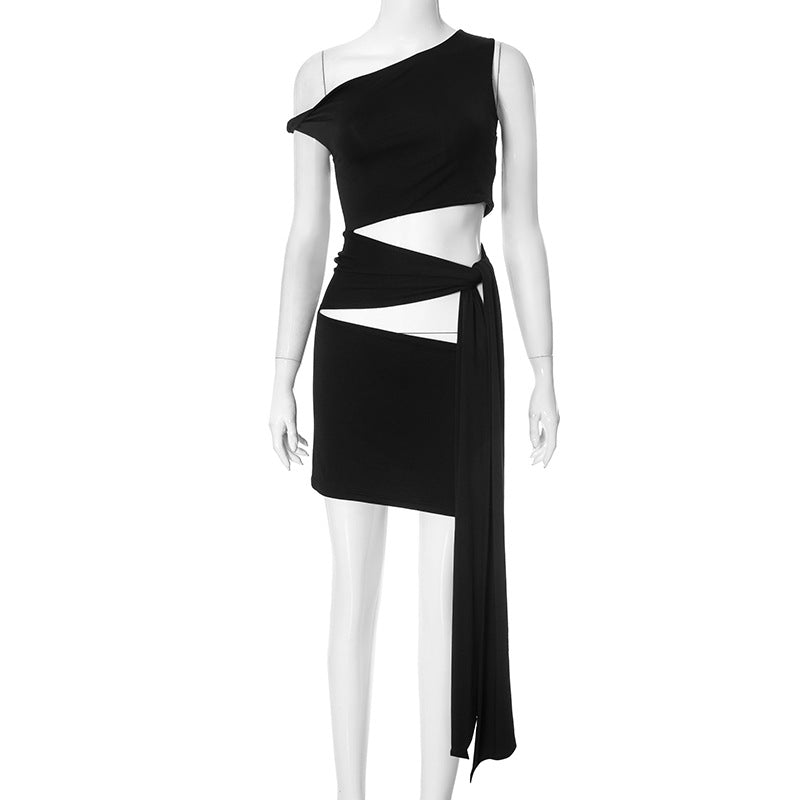 Women Clothing Summer Street Shooting Cold Shoulder Sleeveless Slim Fit Tied Short Dress Bella Mia