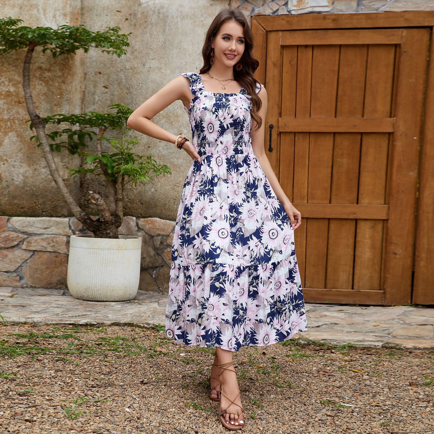 Rayon Ruffle Sleeve Vest Dress Vacation Elegant Big Hem Dress