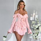 Women Clothing Autumn Sexy Halter Low Cut Ruffled Long Sleeve Romper Bella Mia