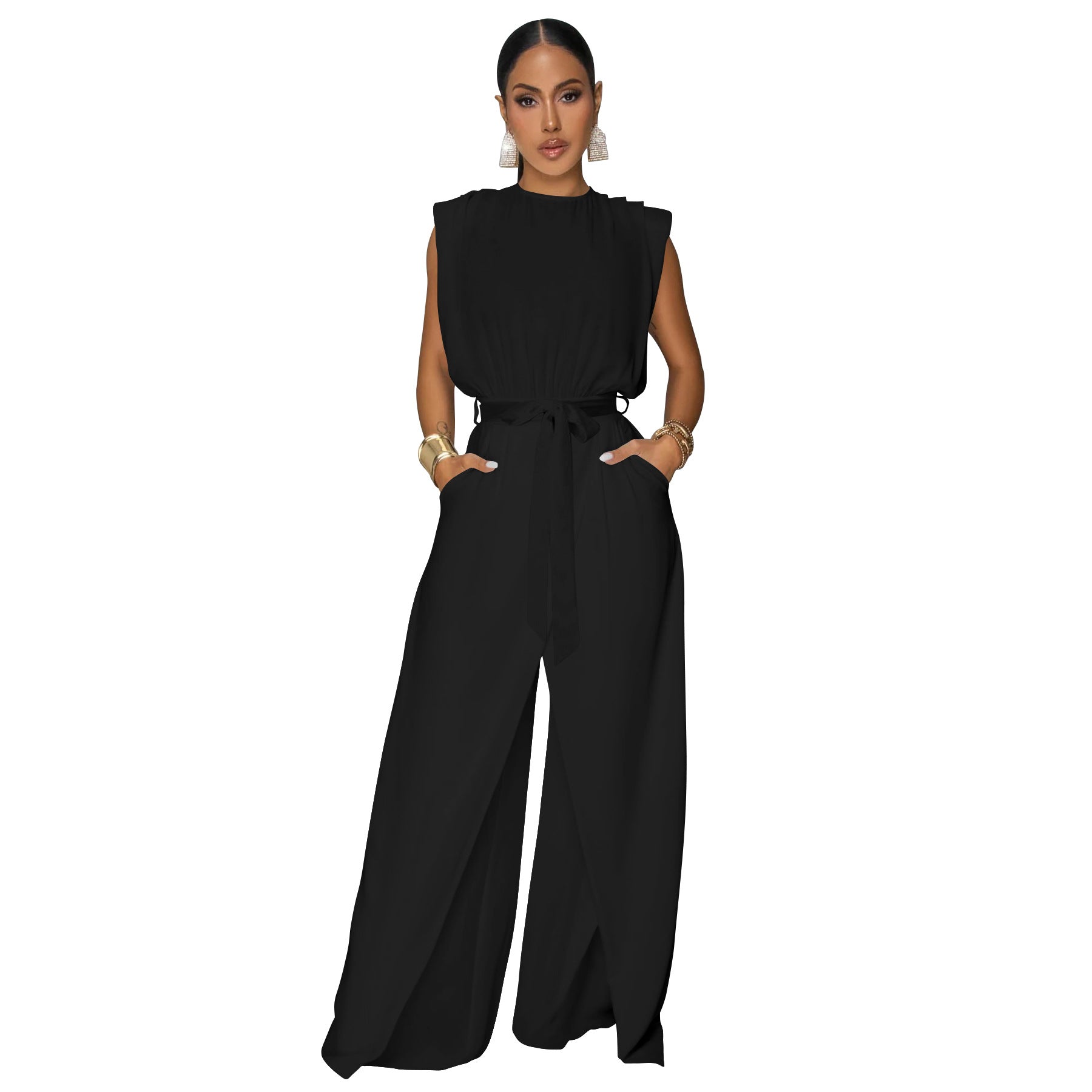 Women Wear Russia Solid Color Sleeveless Fitted Waist Jumpsuit Bella Mia