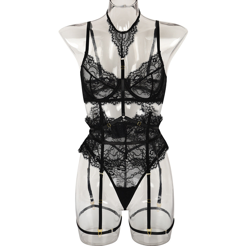 Sexy Three Piece Summer Lace Eyelash Lace Stitching with Halter Foot Ring Bella Mia