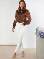 Women Shirt Autumn Arrival Elegant Solid Color Round Neck Long Sleeve Lace up Straight Satin Blouse Bella Mia