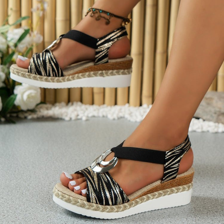 plus Size Metal Buckle Wedge Sandals Women Hemp Rope Elastic Band Platform Beach Slippers