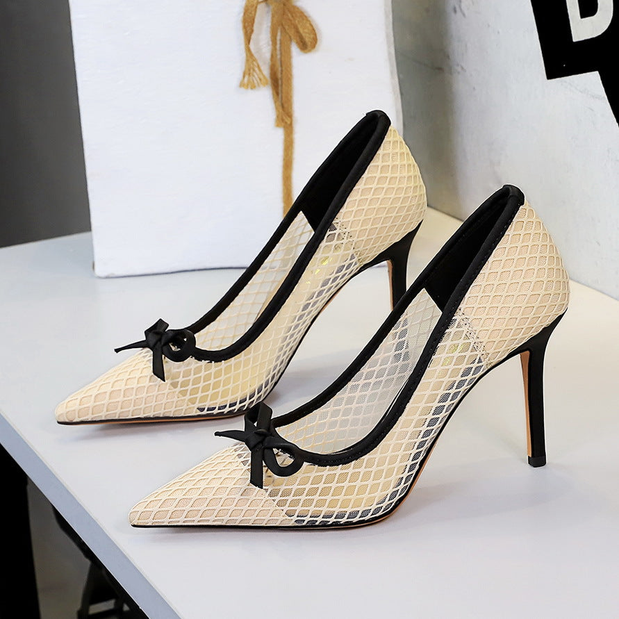 French High Heels Bow Pointed Shallow Mouth Mesh Lace Stiletto Heel Slip on Pumps Women