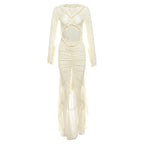 Summer Women Collection V neck See through Sexy L Hollow Out Cutout out Pleated Lace Slim Fit Dress Bella Mia