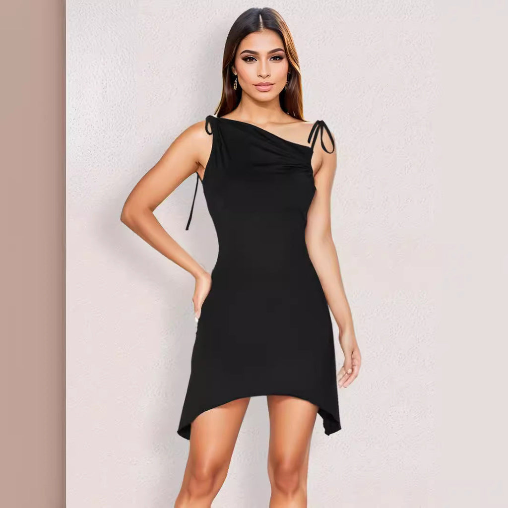 Women Clothing Summer Sexy Backless Irregular Asymmetric Pleated Straps Diagonal Collar Dress Bella Mia