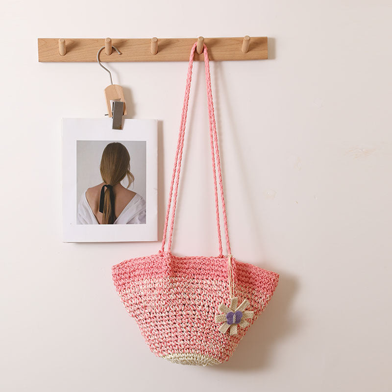 Fresh Floral Straw Bag Niche Gradient Color Straw Bag Woven Bag Vacation Beach Bag Shoulder Bag