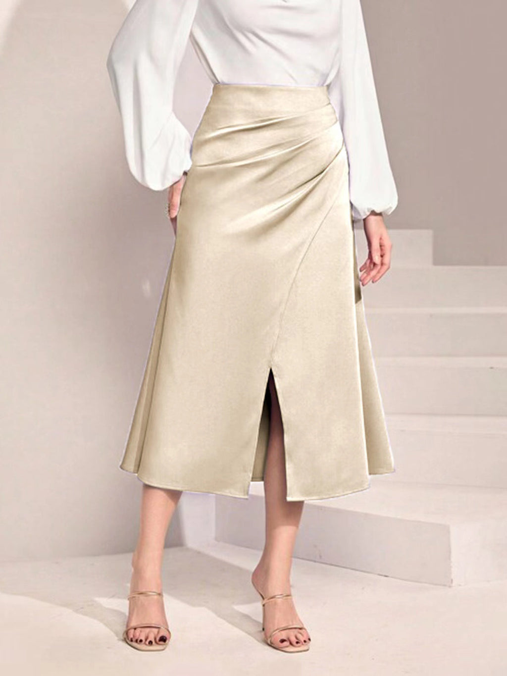 Women Clothing High Waist Satin Pleated Split Dress Solid Skirt Zipper Fishtail Hip Skirt Bella Mia