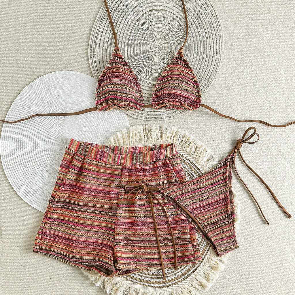 Sexy Halter Bikini Knitted Contrast Color Beach Shorts Three Piece Swimsuit Bikini Bella Mia