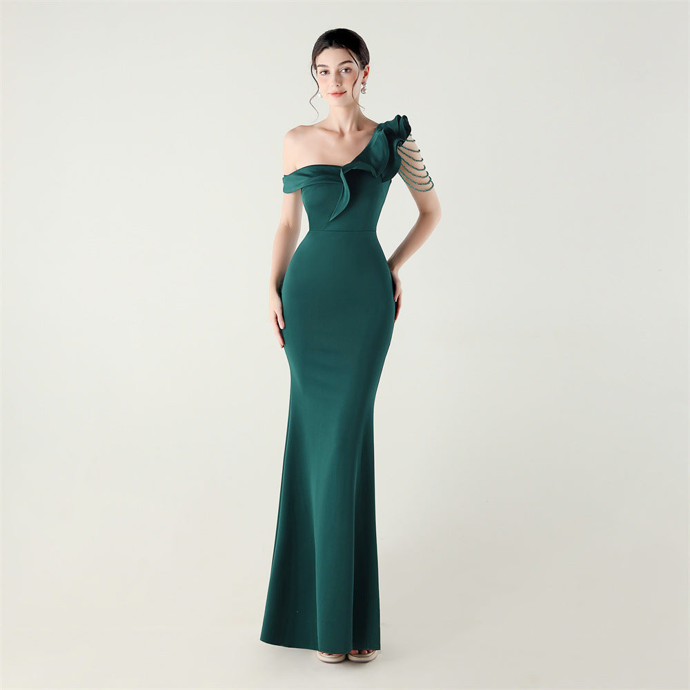 Ruffled One Shoulder Heavy Industry Beads String Slim Fit Satin Fishtail Evening Dress Wedding Red Carpet Cocktail Dress Bella Mia