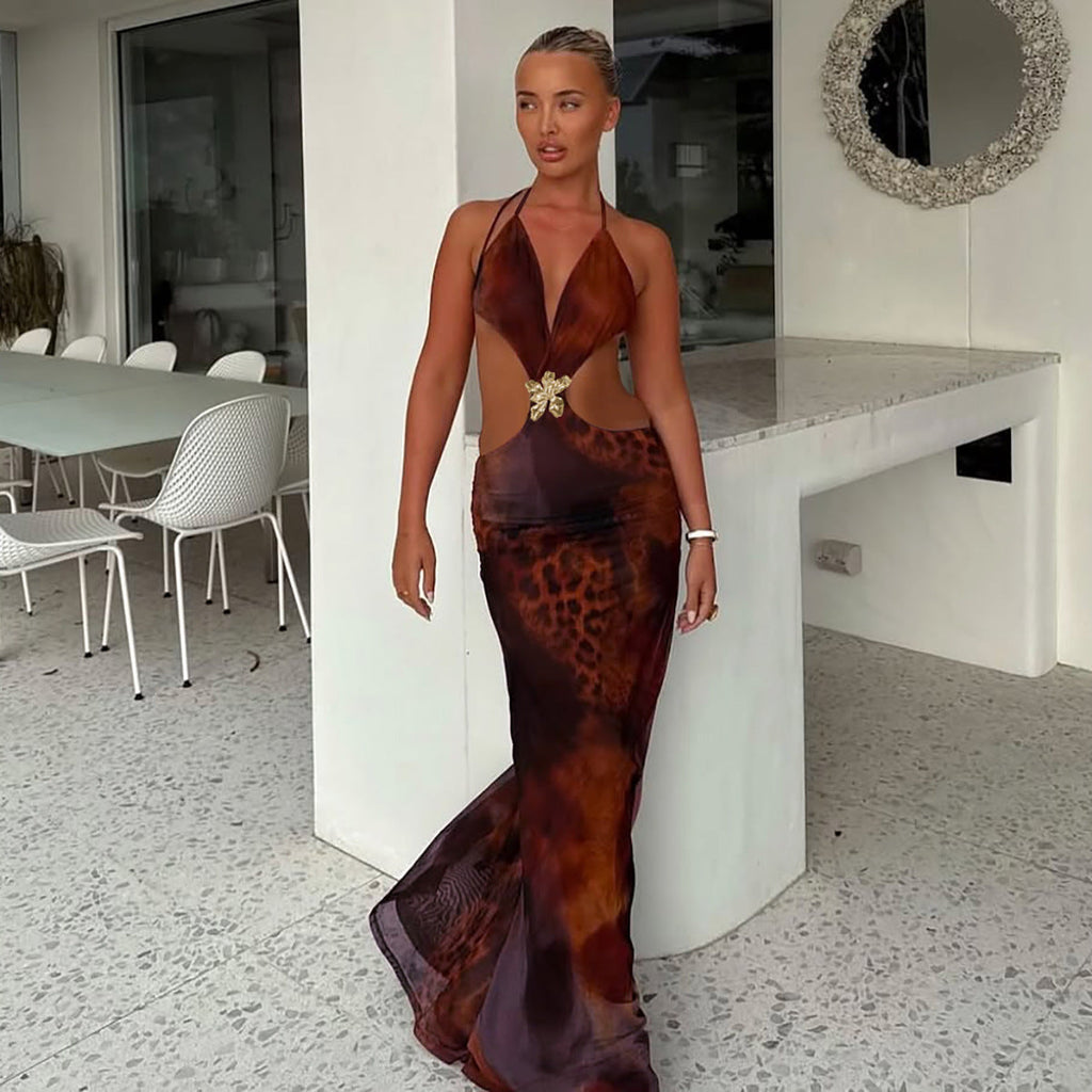 Women Summer Sexy Hollowed Printing Slim Fit Slit Dress Bella Mia