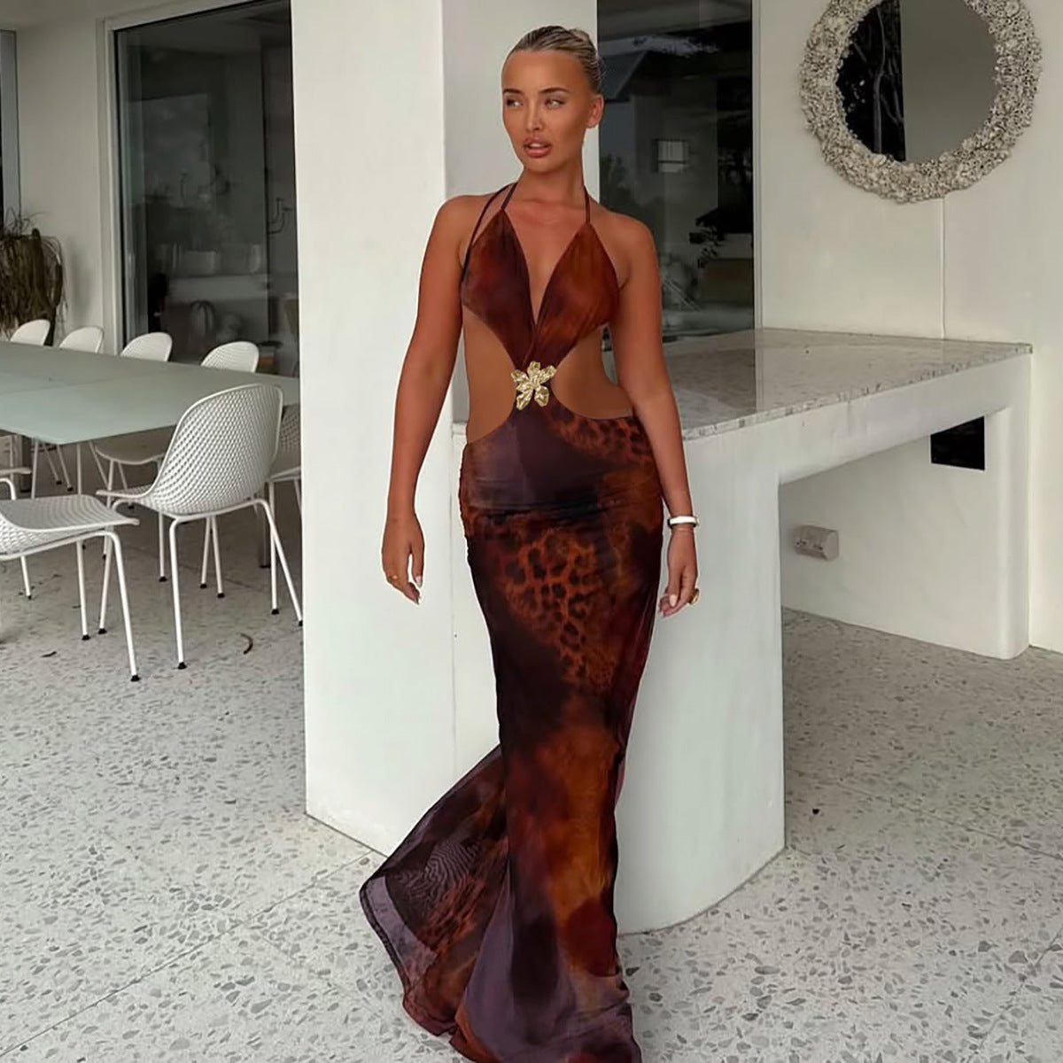 Women Summer Sexy Hollowed Printing Slim Fit Slit Dress Bella Mia