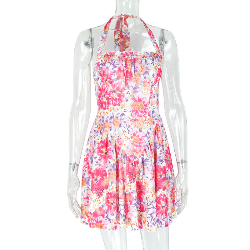 Printing Painted Women Sexy Backless A line Halterneck off-Shoulder Short Dress Bella Mia