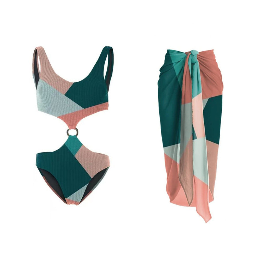 Contrast Color One Piece Bikini Two Piece Set Wishi Mesh Gauze Skirt Vacation Swimwear Bella Mia
