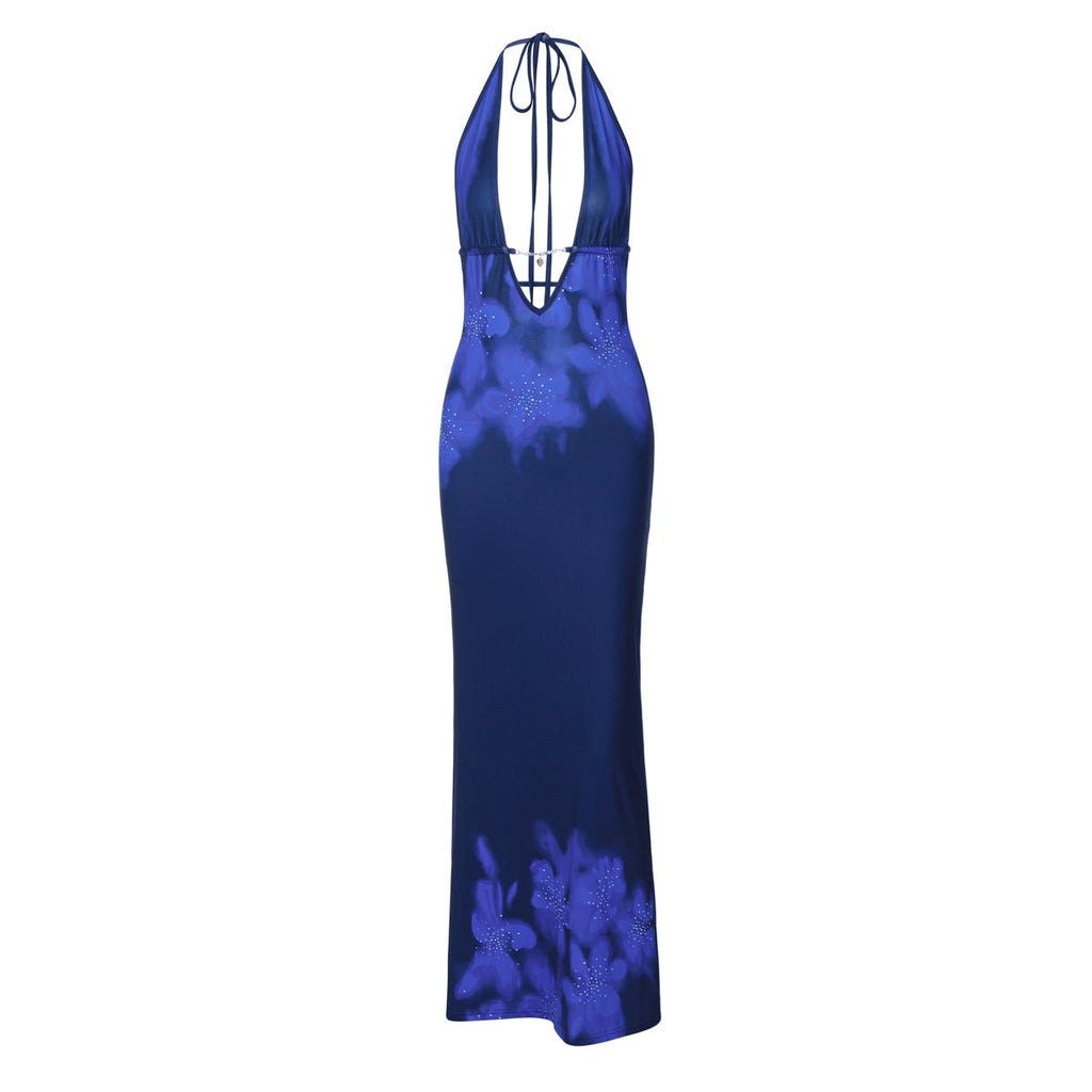 Women Clothing Autumn Printed Sexy Backless Slim Fit Split Lace up Dress Bella Mia