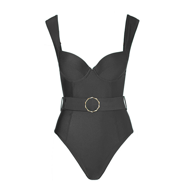 Solid Color One Piece Women Swimwear French Retro Cover Belly Slimming Swimsuit Bella Mia