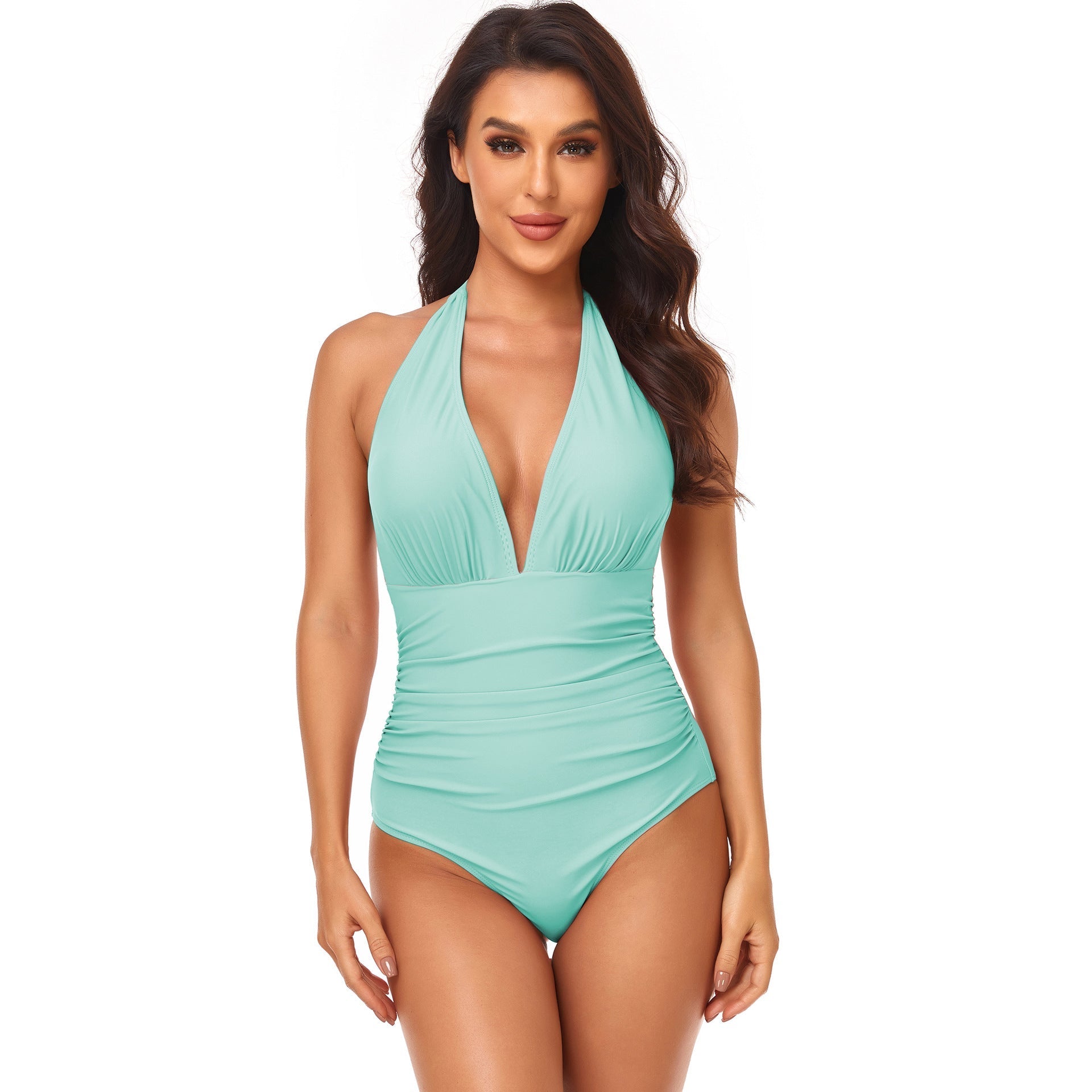 Solid Color One Piece Swimsuit Pleating Halter Swimsuit Popular One Piece Swimsuit Bella Mia
