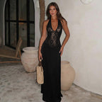 Women Clothing Winter Hollowed out Backless Lace Patchwork Waist Slimming Deep V Plunge Sexy Halter Dress Bella Mia