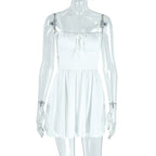 Simple Women Pleated Solid Color A line Dress Backless Lace up Boat Neck Short Dress Bella Mia