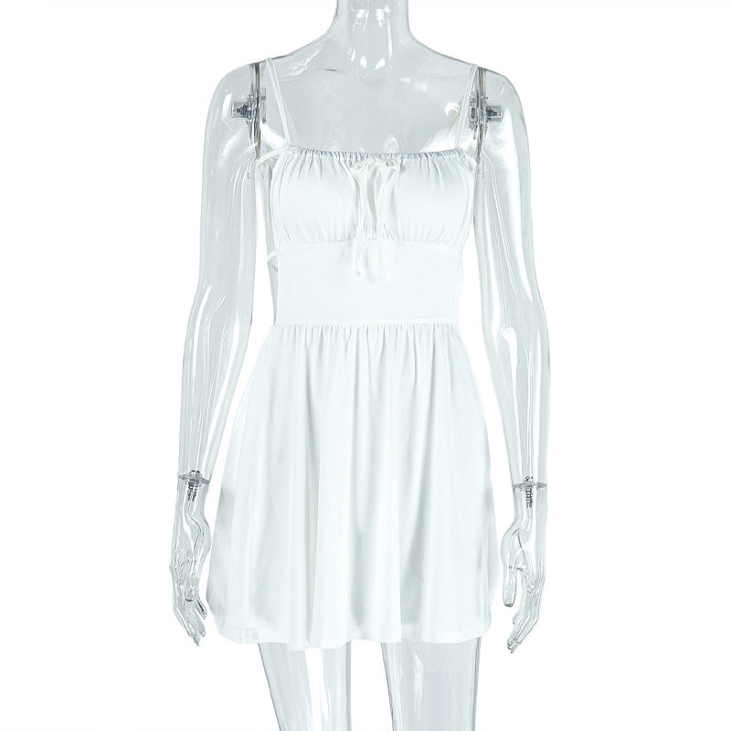 Simple Women Pleated Solid Color A line Dress Backless Lace up Boat Neck Short Dress Bella Mia