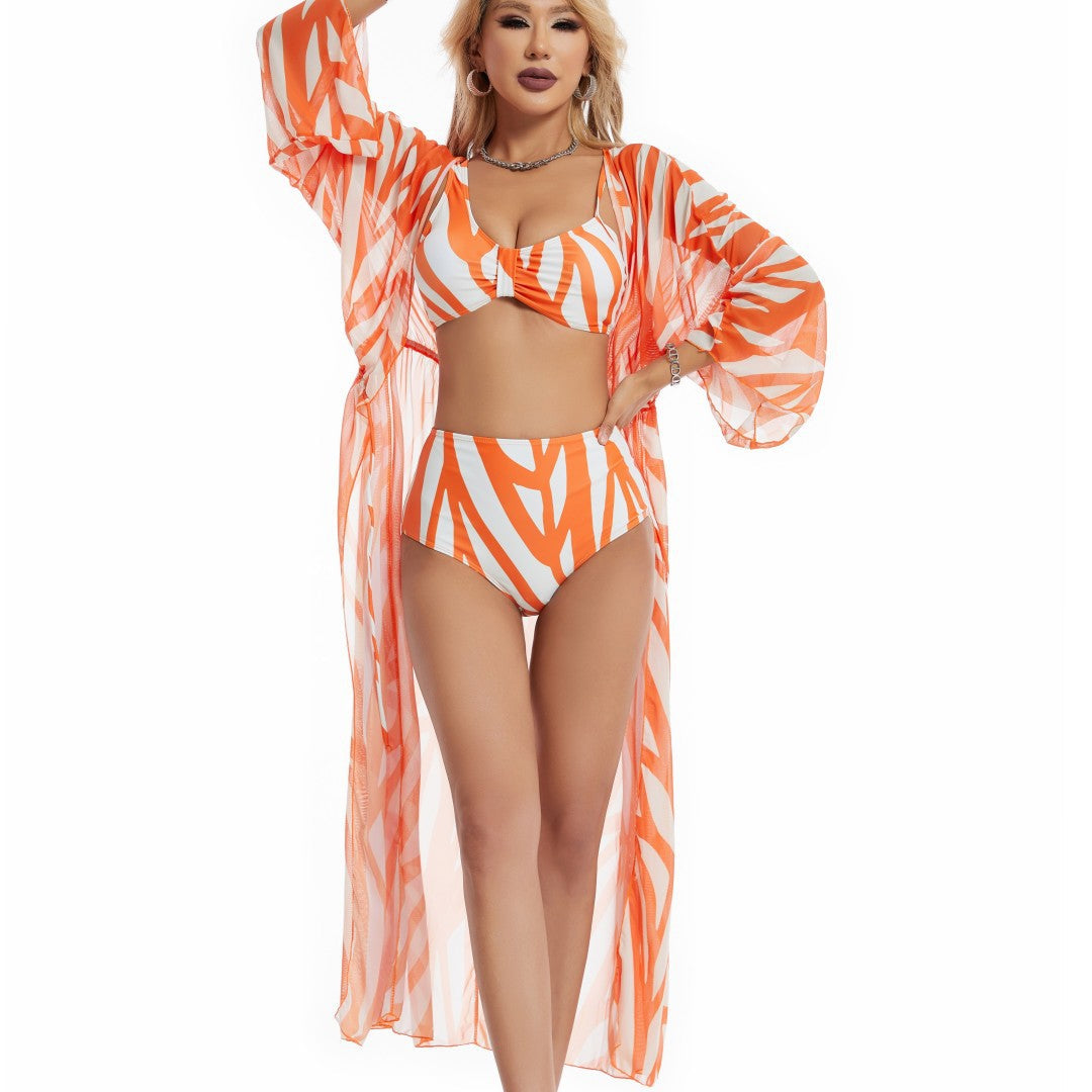 Three Piece Set Split Swimsuit Striped Printed Blouse Sun Protection Swimsuit Bella Mia