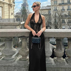 Women Clothing Winter Hollowed out Backless Lace Patchwork Waist Slimming Deep V Plunge Sexy Halter Dress Bella Mia