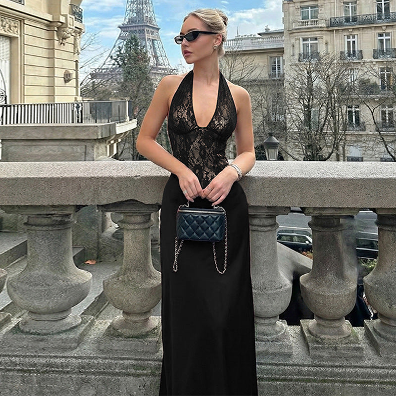 Women Clothing Winter Hollowed out Backless Lace Patchwork Waist Slimming Deep V Plunge Sexy Halter Dress Bella Mia