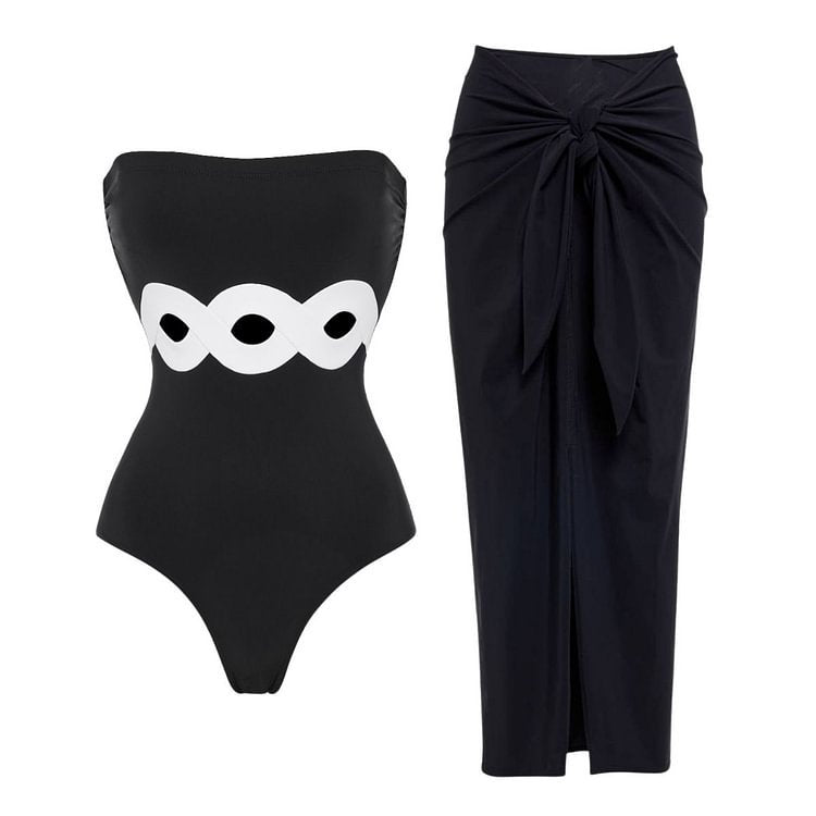 Black White Simple Hollow Out Cutout Out Swimsuit Women Skirt Set Bella Mia