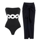 Black White Simple Hollow Out Cutout Out Swimsuit Women Skirt Set Bella Mia