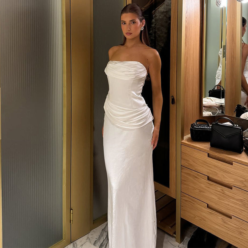 Summer Women Solid Color Graceful Satin Pleated Slim Tube Top Dress Bella Mia