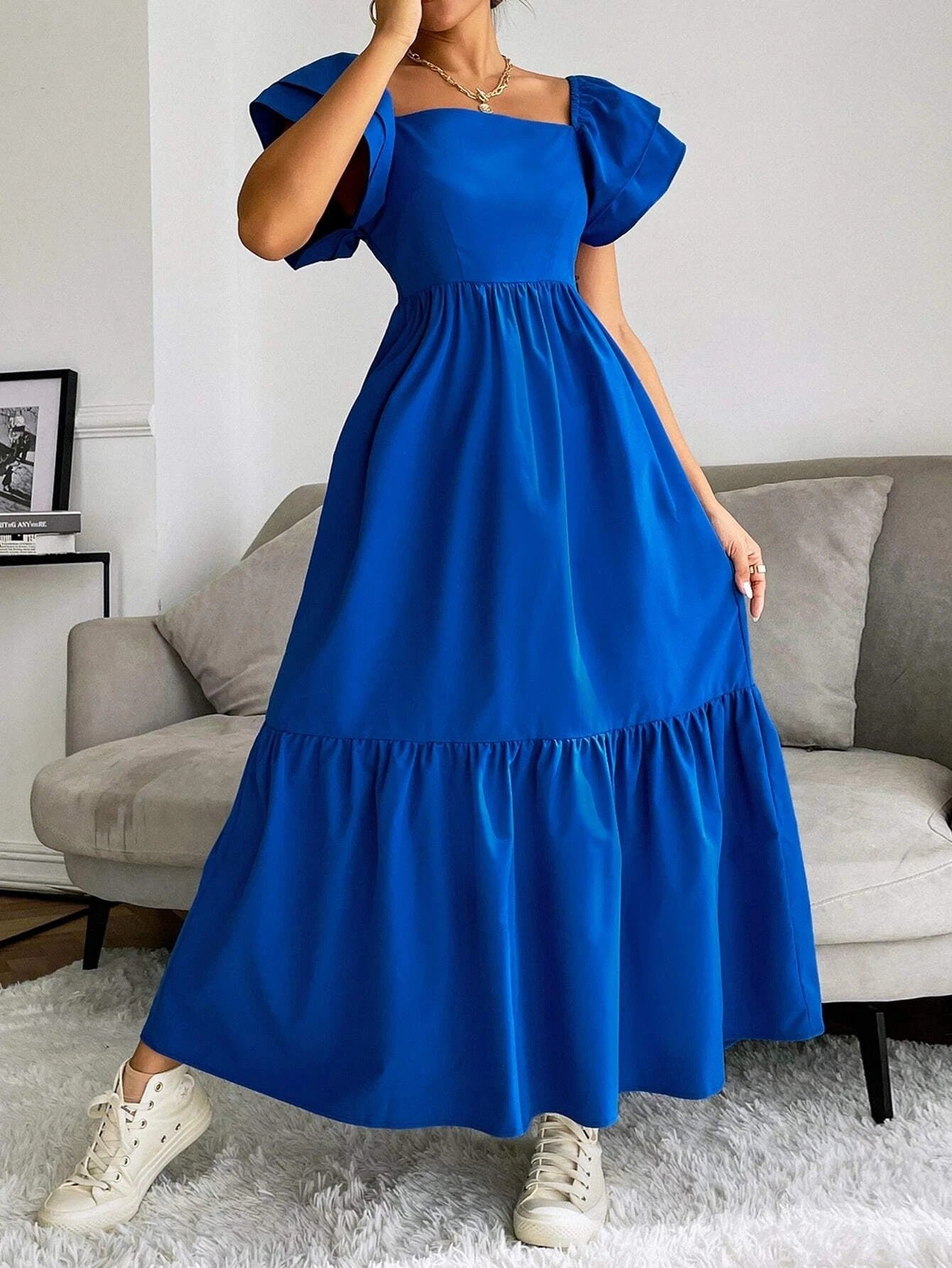 Women Clothing Ruffled A line Dress off Neck Flying Sleeves Solid Color Long Dress
