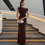 Women Clothing Summer Pleated Waist Tight Slimming Shoulder Hollow Out Cutout Sexy Solid Color Dress Bella Mia