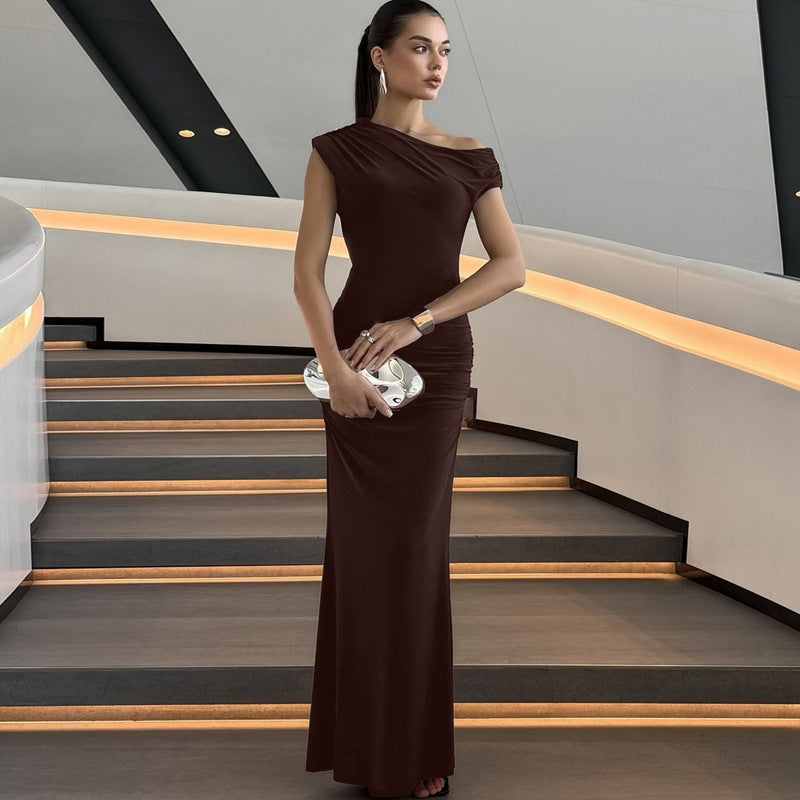Women Clothing Summer Pleated Waist Tight Slimming Shoulder Hollow Out Cutout Sexy Solid Color Dress Bella Mia