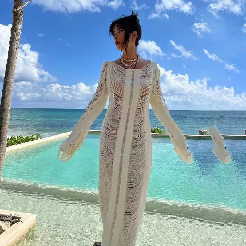 Summer Vacation Beach Dress Sexy Backless Lace Up Hollow Out Cutout Long Sleeve Dress Crochet hook Crochet hook Crochet hook Bella Mia